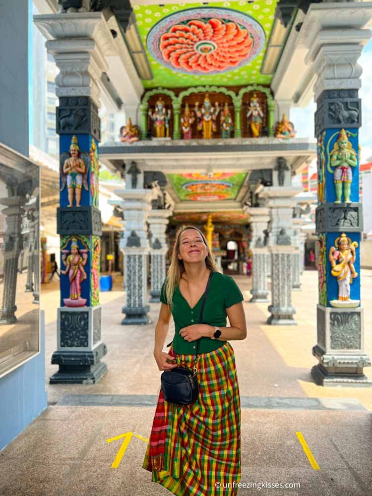 Woman in the temple in Singapore Little India neighbourhood 