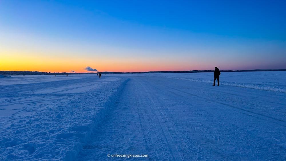 Frozen Lake Näsijärvi in Tampere during sunset