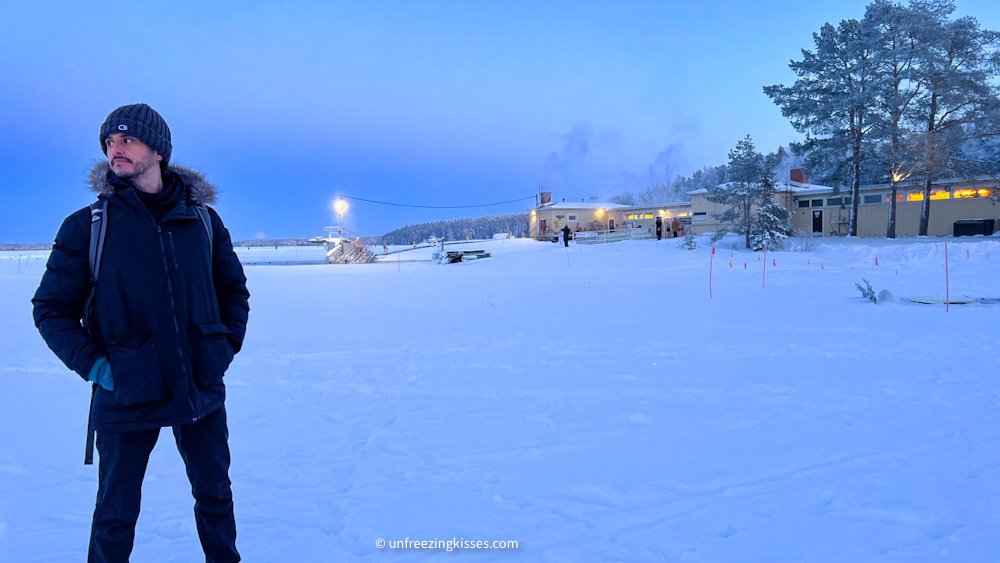 Frozen lake and Rauhaniemi sauna in Tampere, Finland