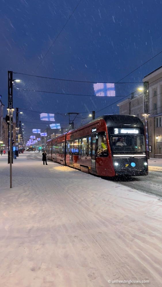 Tram in the center of Tampere Finland in winter 