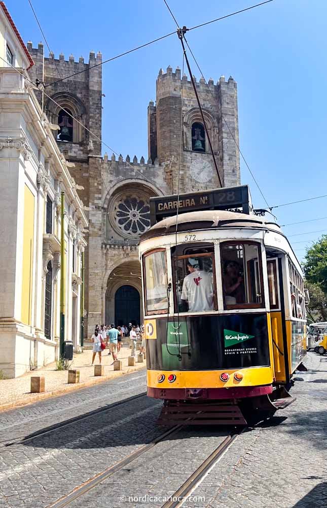 Alfama District tram 28 in Lisbon, Portugal