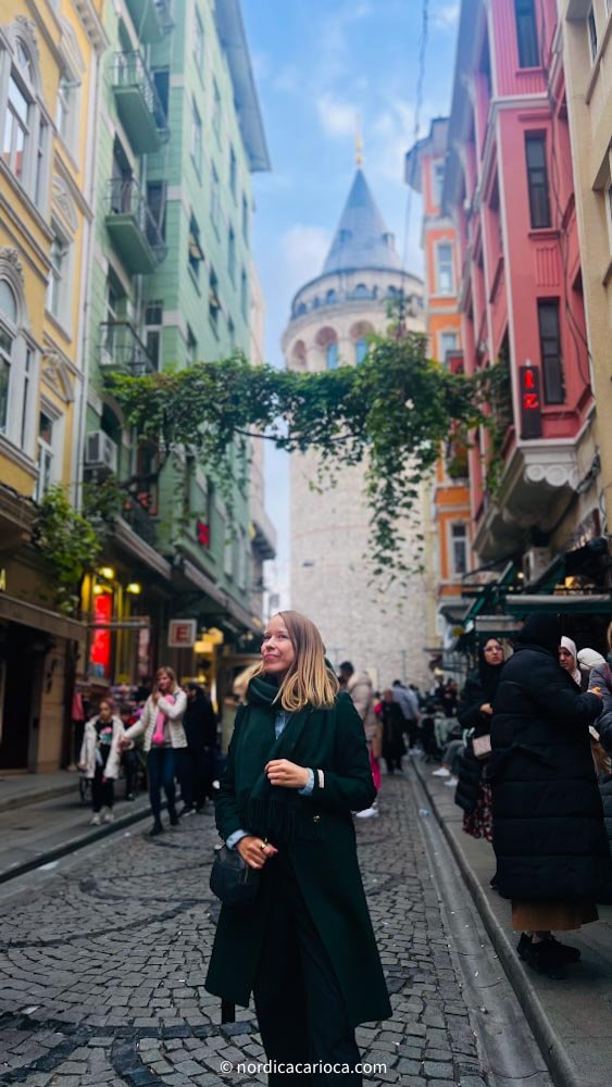 Woman in front of Galata Tower, Istanbul